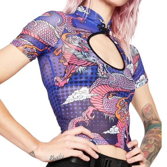 Dolls Kill Tops - Keyhole Dragon print mesh top